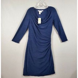 Max Studio Cowl Neck Dress Women M Blue 3/4 Sleeve Outdoor Ruched A-Line 2909L51